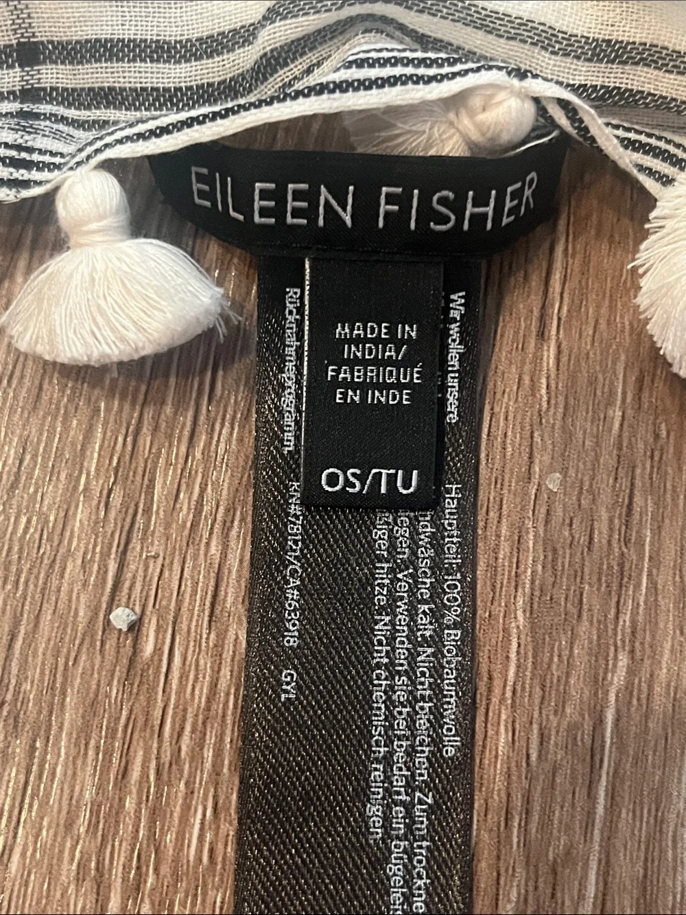 Eileen Fisher white and Black Striped Tassel Scarf